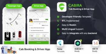 Cab Booking Android + iOS App Template | 2 Apps Passenger  + Driver | Cabira | Flutter