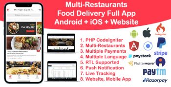 Food Delivery Multi Restaurant Ionic 5 + CodeIgniter (Android + iOS + Website + Admin)
