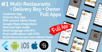 Multi-Restaurants Flutter App + Delivery Boy App + Owner App + PHP Laravel Admin Panel + Web Site