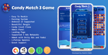 Candy Match 3 Game with Earning System and Admin Panel + Landing Page