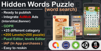 Hidden Words, word search puzzle (Complete unity game + AdMob + GDPR)