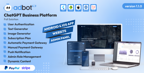 AdBotPro - ChatGPT Business Platform Website | Android-iOS App | Admin Panel