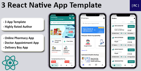 Doctor Appointment Booking + Online Pharmacy + Delivery Boy App Template in React Native | 3 Apps