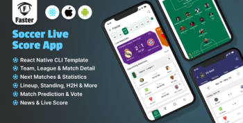 Soccer Live Scores App | React Native Mobile App Template | Teams, Scores, Matches, Stats, News.