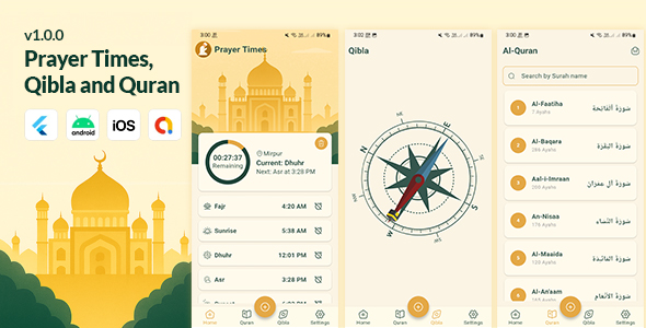 Prayer Times, Qibla and Quran Prayer Times, Qibla and Quran